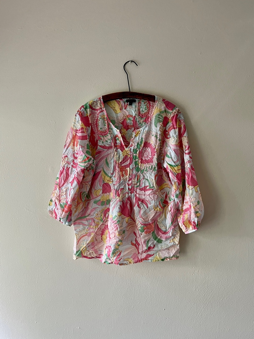 Talbots Pink Floral Pintuck Summer Lightweight Cotton Peasant Blouse